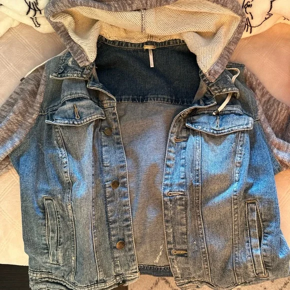 Free People Distressed Denim/Knit Hoodie Jacket - Picture 3 of 5